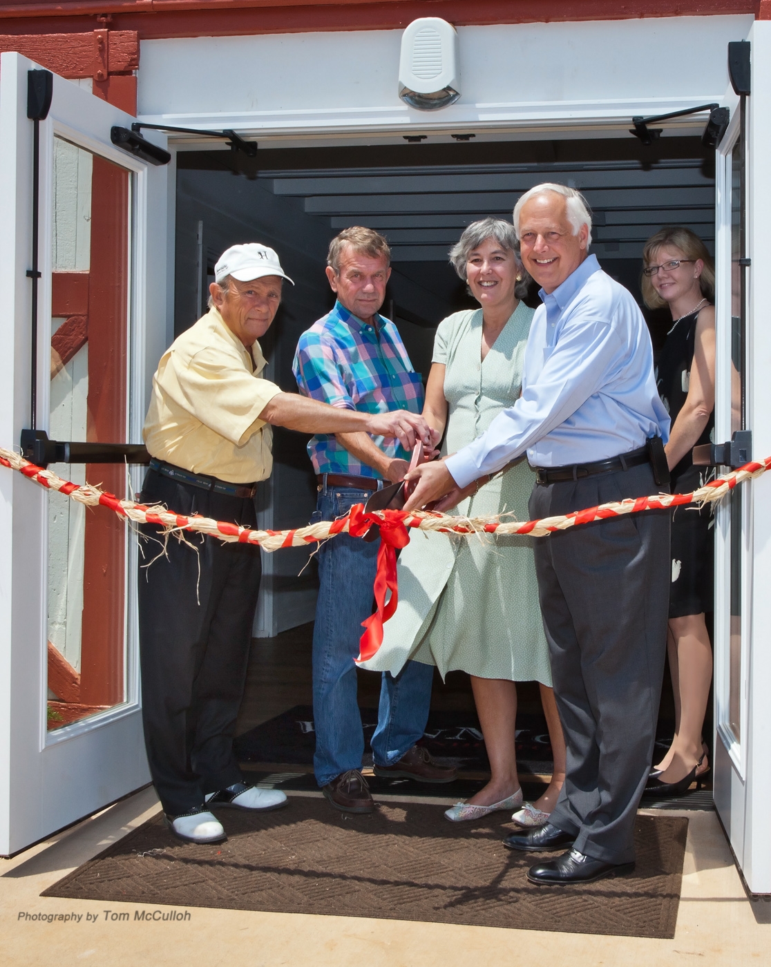 WinMock Ribbon Cutting - (L to R) William Burnette of Hillsdale Group, developers of Kinderton; Bert Bahnson, of Bahnson family, former owner of WinMock Barn; Jackie Wililams Kay, granddaughter of S. Clay Williams, original owner of WinMock barn; Wayne Thomas, president of Sterling Events Group, developer of WinMock at Kinderton